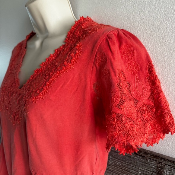 Sundance Crochet Lace Peasant Top Short Sleeve Womens Medium Coral Floral (L1) - Picture 4 of 10